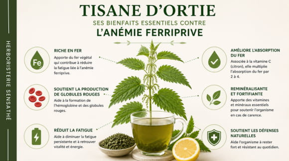 Infographie sur les bienfaits de la tisane d’ortie contre l’anémie ferriprive et la fatigue liée au manque de fer - Herboristerie Sensathé Infographie sur les bienfaits de la tisane d’ortie contre l’anémie ferriprive et la fatigue liée au manque de fer - Herboristerie Sensathé
